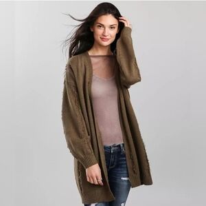 BKE Olive Green Frayed Seam Open Knit Cardigan